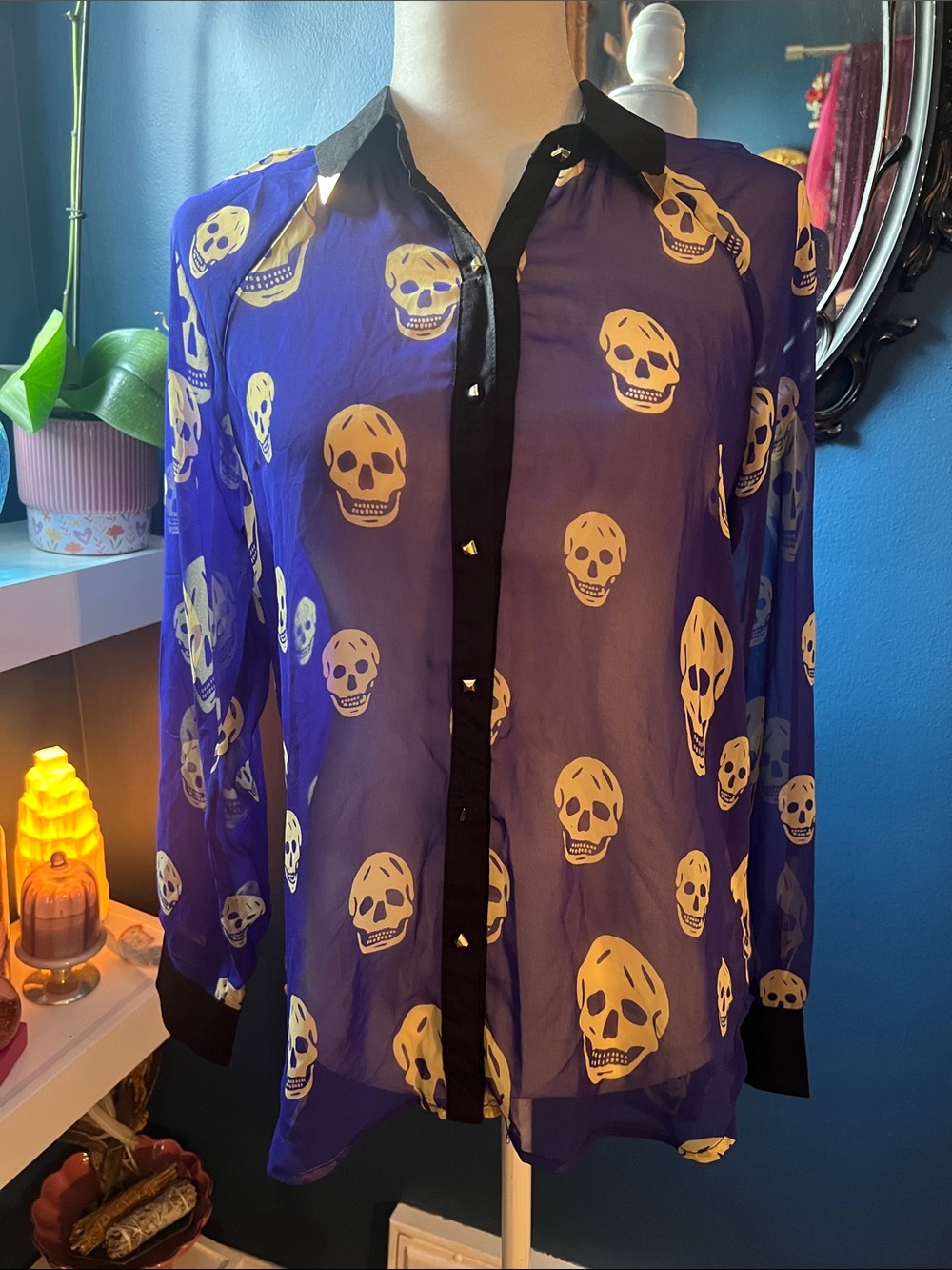 Pink Owl Purple Skull Sheer Button-Up Top